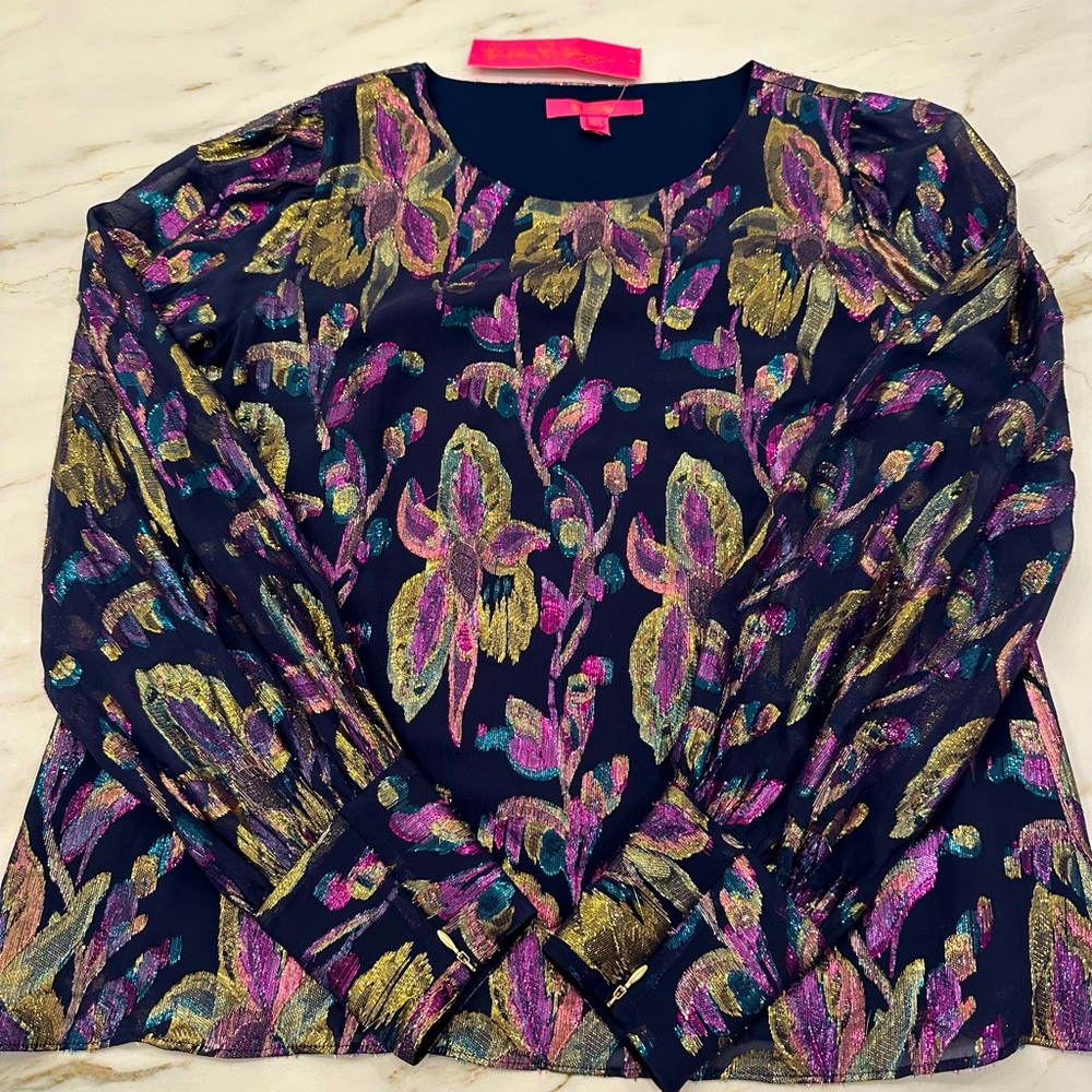 Lilly Pulitzer blue and gold blouse. Size M. New with tags!